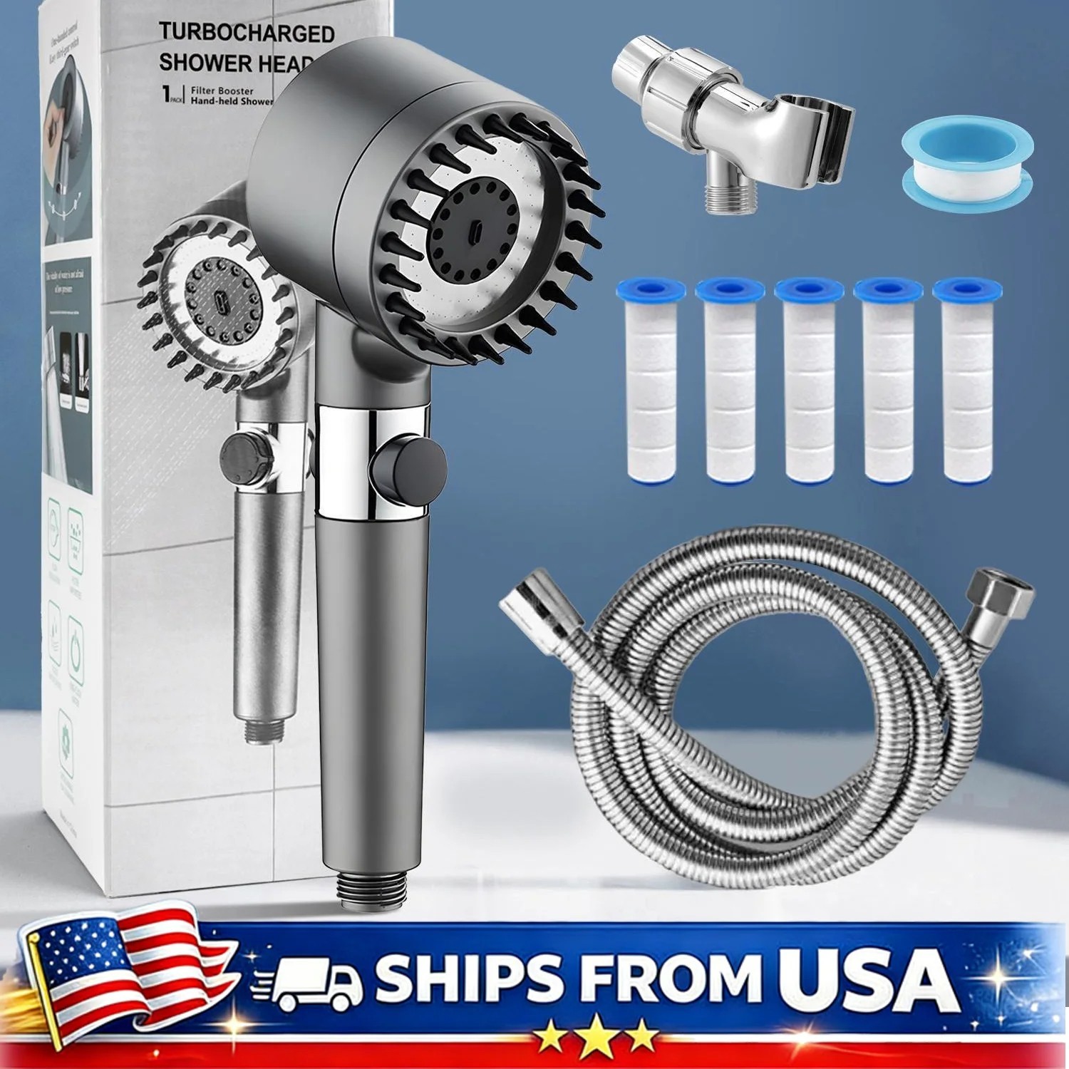 High Pressure Shower Head, Handheld shower head with 5 Filters,1.5m hose gallery