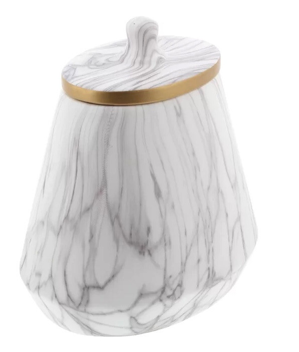 MODERN HOME DECOR WHITE / GOLD / GREY FINISH 11" CERAMIC JAR WITH LID gallery