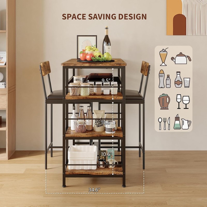 3PCS Dining Table Set w/ 2 Upholstered Bar Stool Wine Rack Kitchen Dining Room gallery