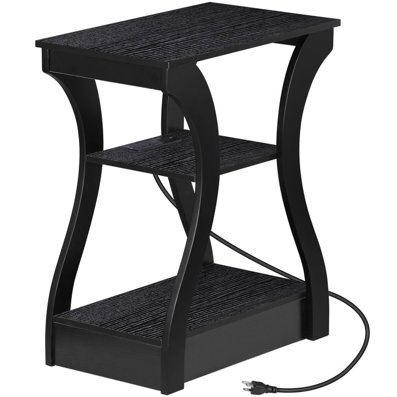 End Table 3 Tier Accent Sofa Table w/Curved Legs Shelf & Charging Station Black gallery