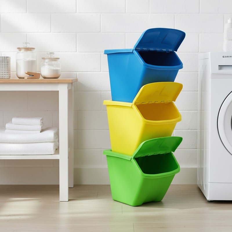 Redmon 10-Gal Stackable Shutter Bins, 3-Piece Recycling Storage Set, Multi-Color gallery