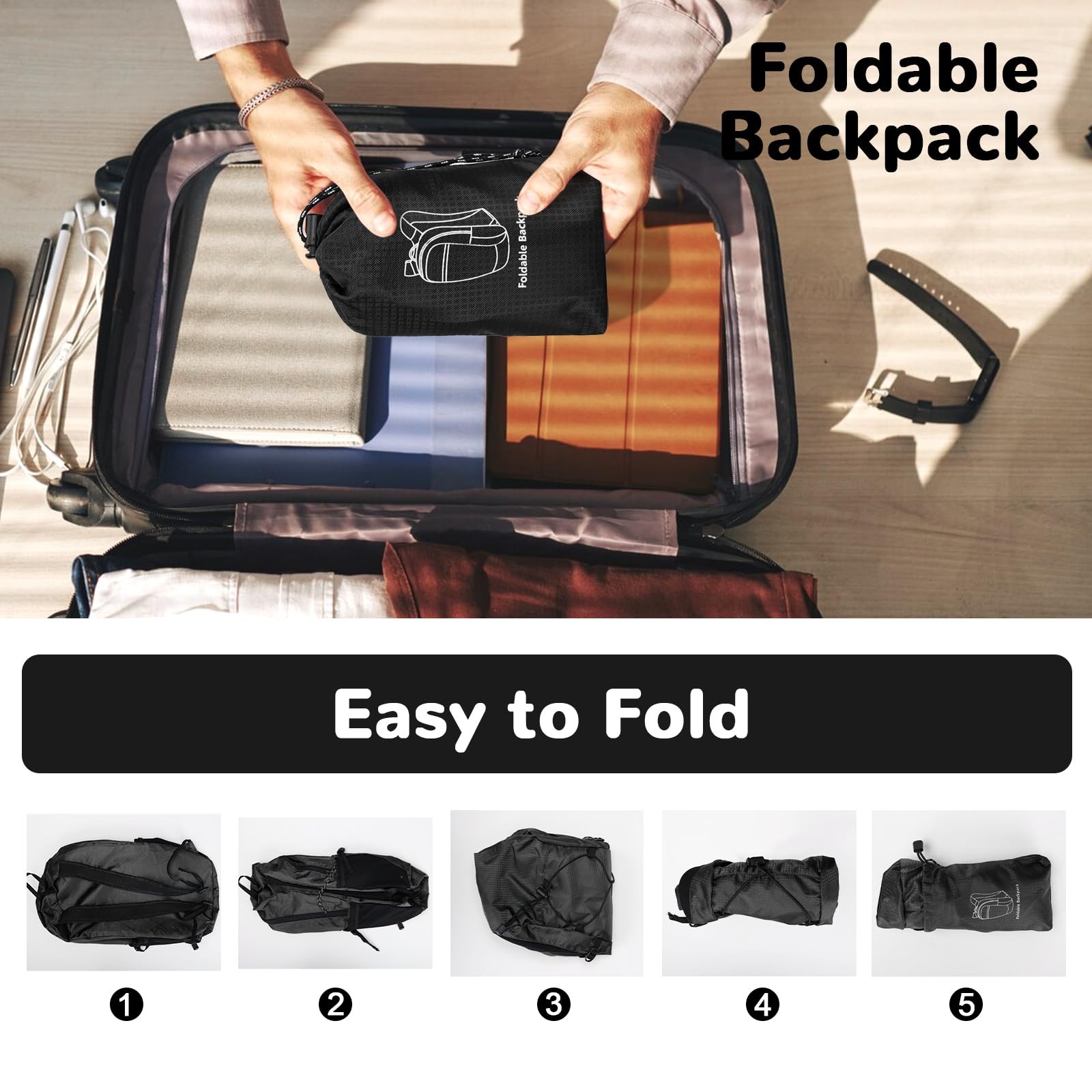 Small Foldable Nylon Hiking Backpack For Men Ultralight Collapsible Black 4