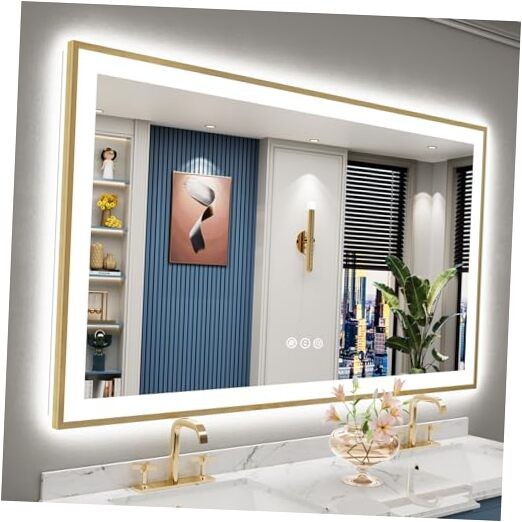60x36 Gold LED Bathroom Mirror with Lights, Brushed 60"L x 36"W Gold Framed gallery