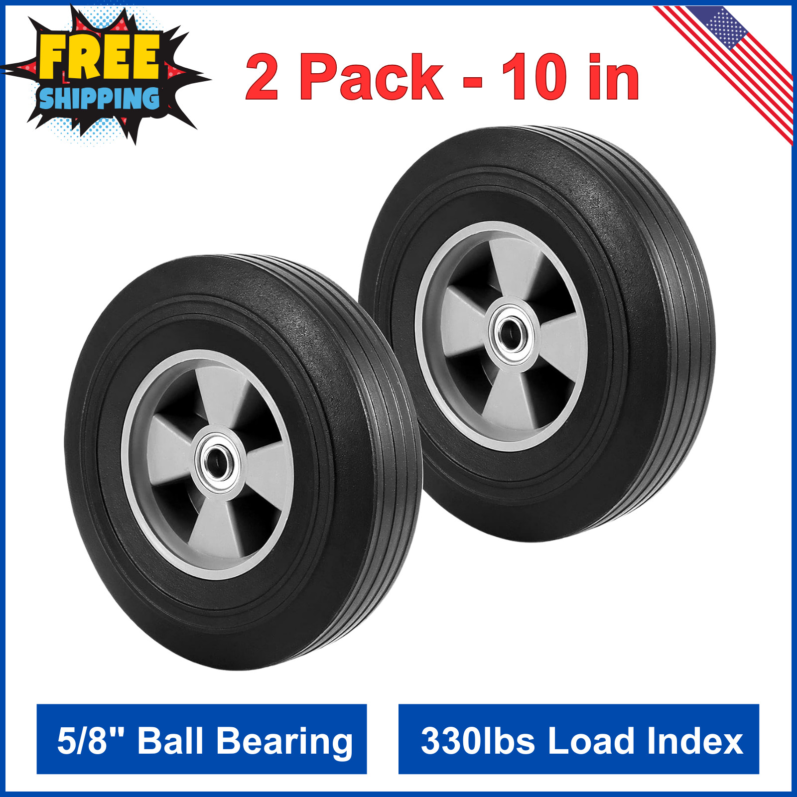 2 Pack 10 Inch Solid Rubber Tire 5/8 In Axle Size Hand Truck Wheels Replacement gallery