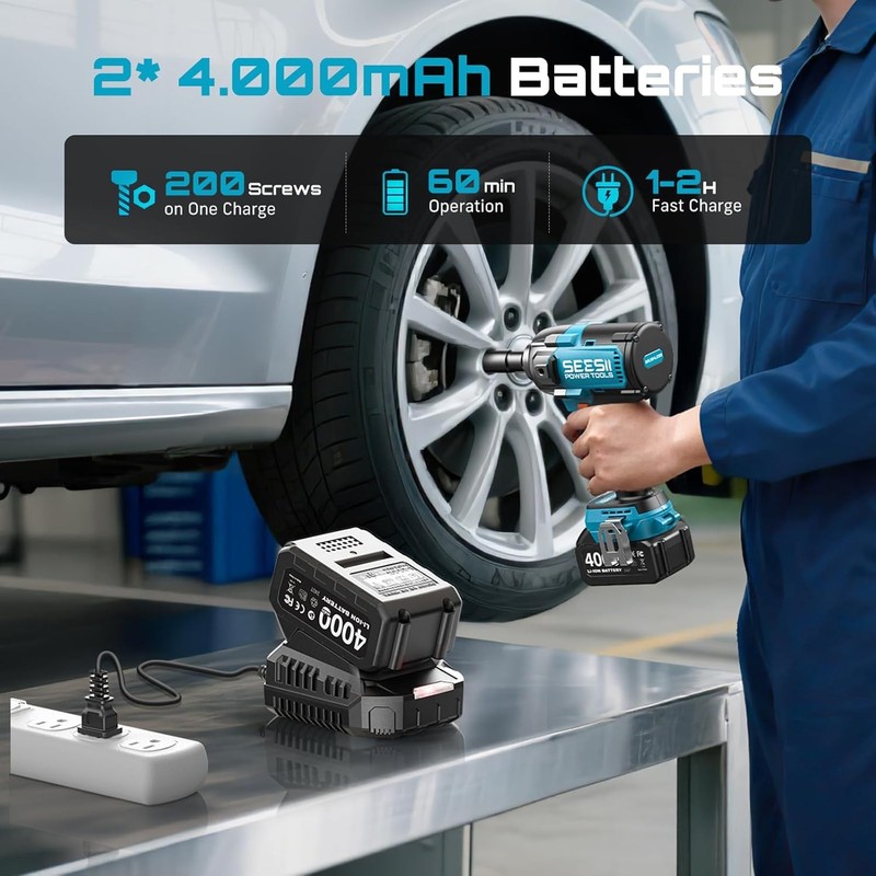 Seesii Brushless 1/2" Cordless Impact Wrench 1180Ft-lbs 1600 Nm Auxiliary Handle gallery