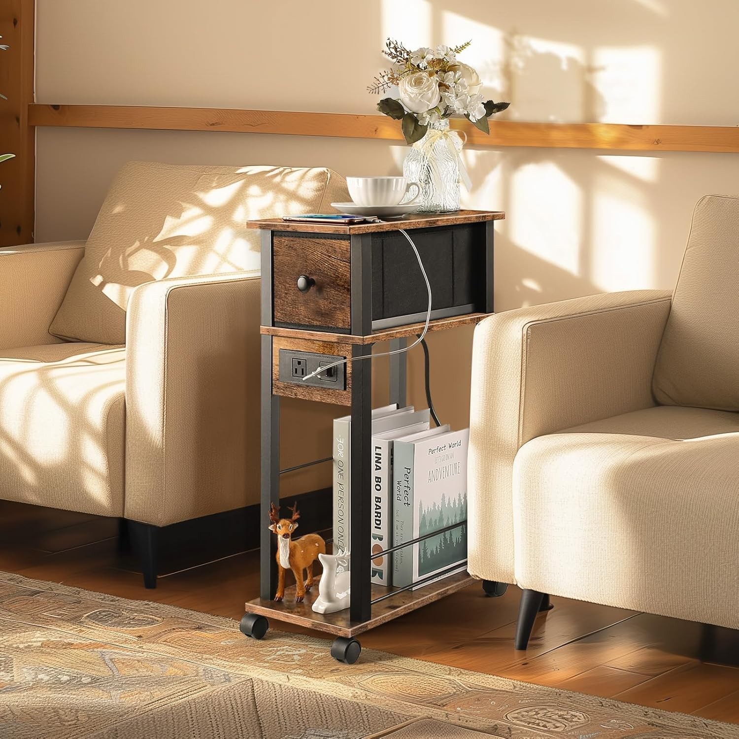 Sofa Side Table Narrow End Table Rustic Brown Black Small Couch Snack Table gallery