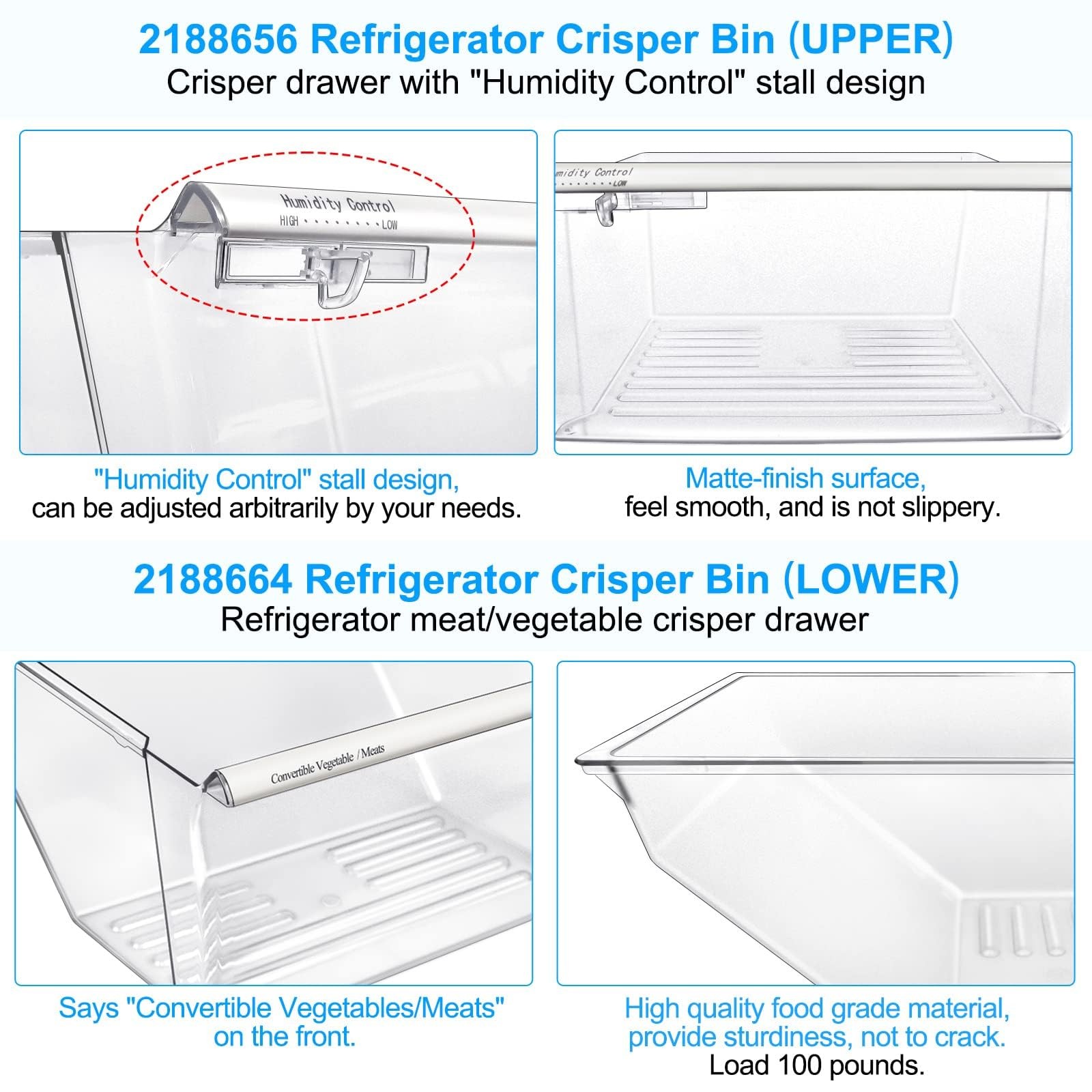 [2 Pack] Upgraded 2188656 Fridge Crisper Drawer Humidity Control Drawer UPPER... gallery