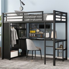 Metal Twin XL Size Loft Bed Frame with Wardrobe /Desk /Storage Shelves Black