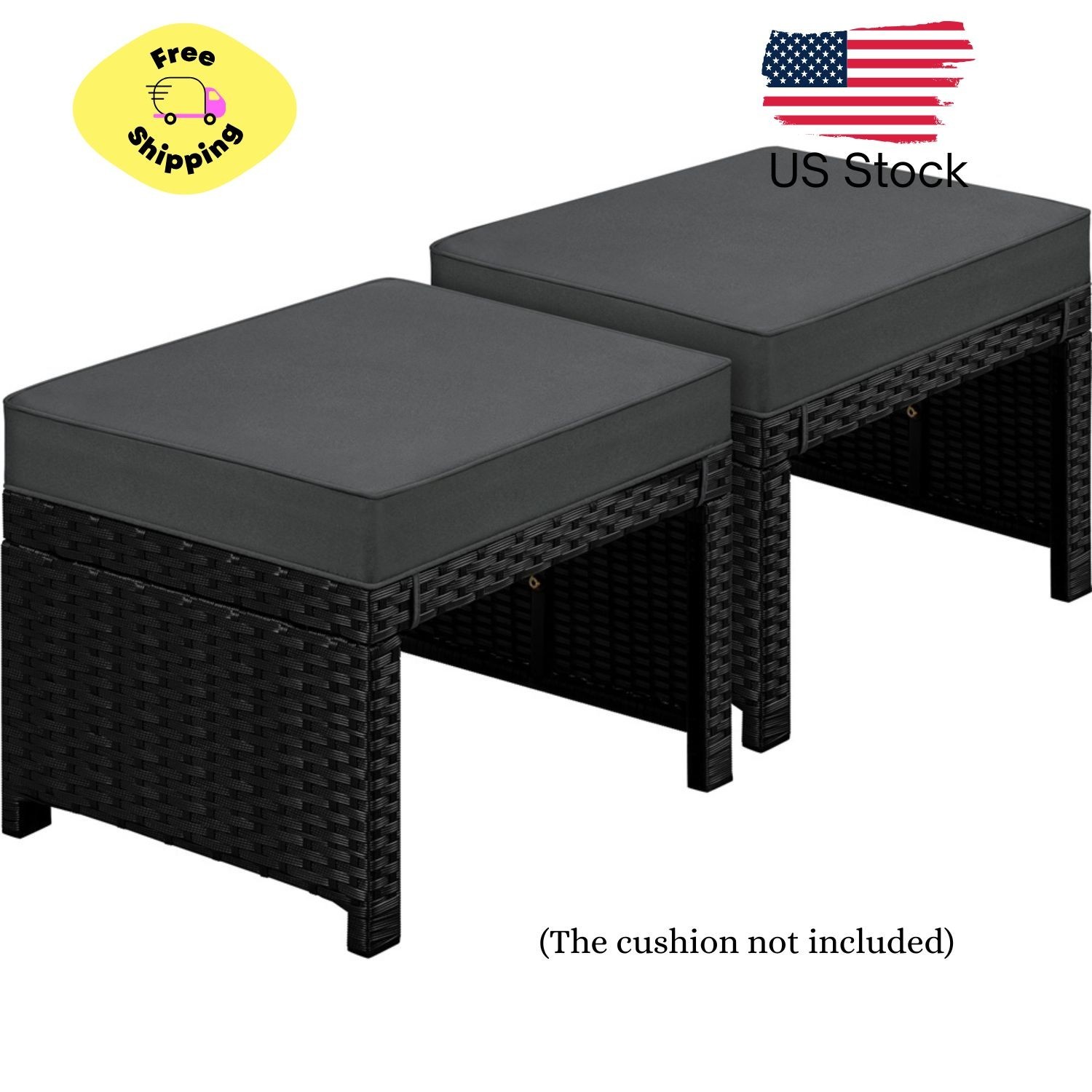 2PCS Wicker Ottomans with Removable Cushion for Patio, Black/Gray gallery