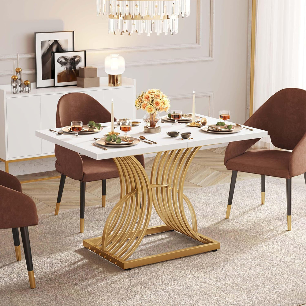 Stylish 47" Rectangular Dining Table for 4 with White Top & Gold Legs
