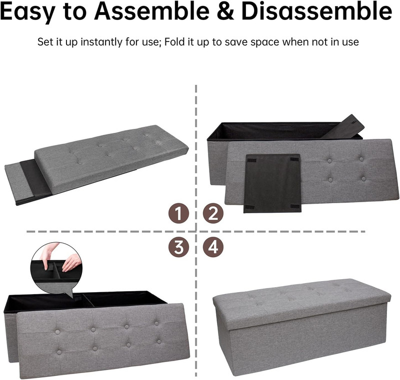 Folding Storage Ottoman Bench - 660 lb Capacity, Dark Grey, 43.3 Inches gallery