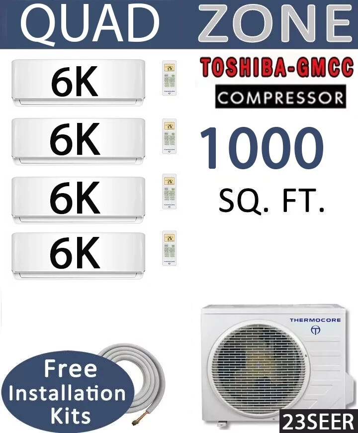 23 SEER: 4 Zone Ductless Mini Split Air Conditioner Heat Pump: 6000 BTU x 4