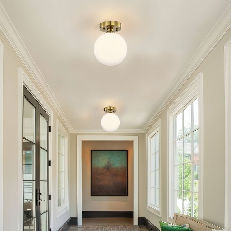 Gold Flush Mount Ceiling Light 7" Opal Glass Globe Fixture for Hallway Bathroom gallery