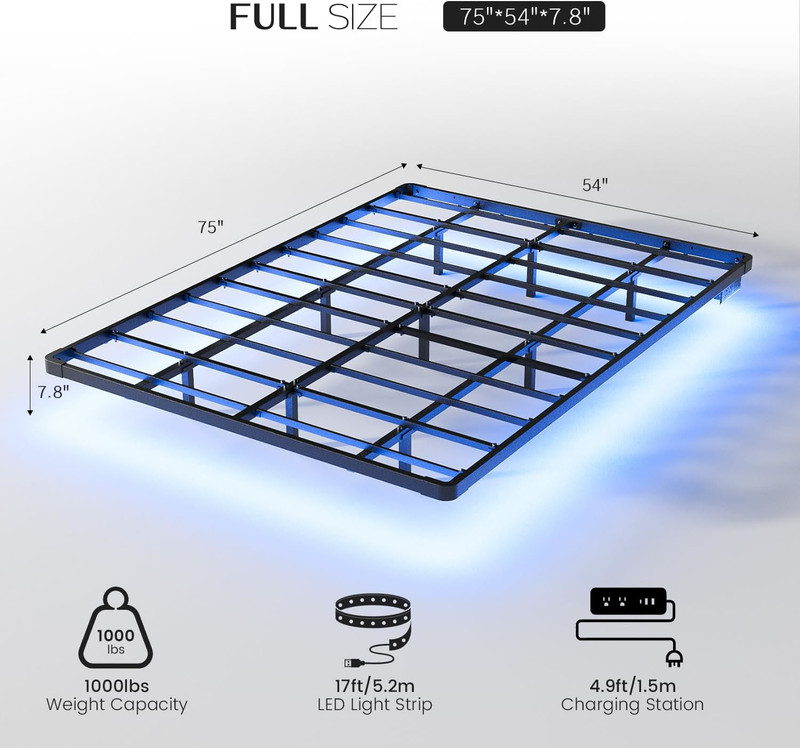 Floating Bed Frame Full Size with LED Lights and Charging Station Modern Metal gallery