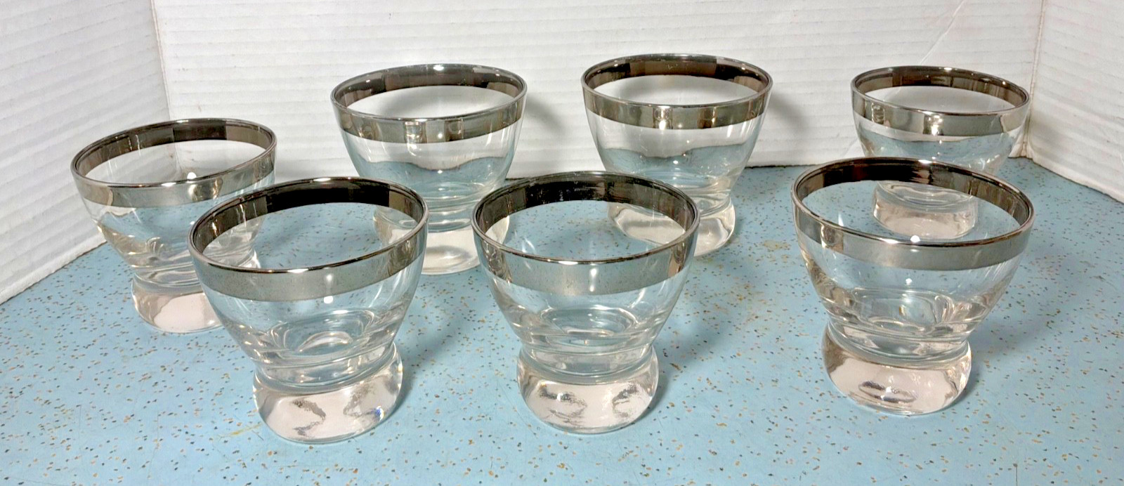 MCM (5) 4-OZ WHISKEY & (2) 5-OZ ROCKS GLASSES SILVER TOP BAND BALL KNOB BOTTOM gallery