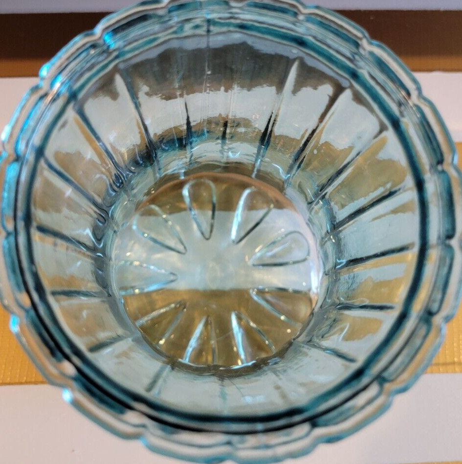 TEAL BLUE MULTIPANELED GLASS FLOWER VASE 9 INCHES DIAMETER 3.75 INCHES gallery