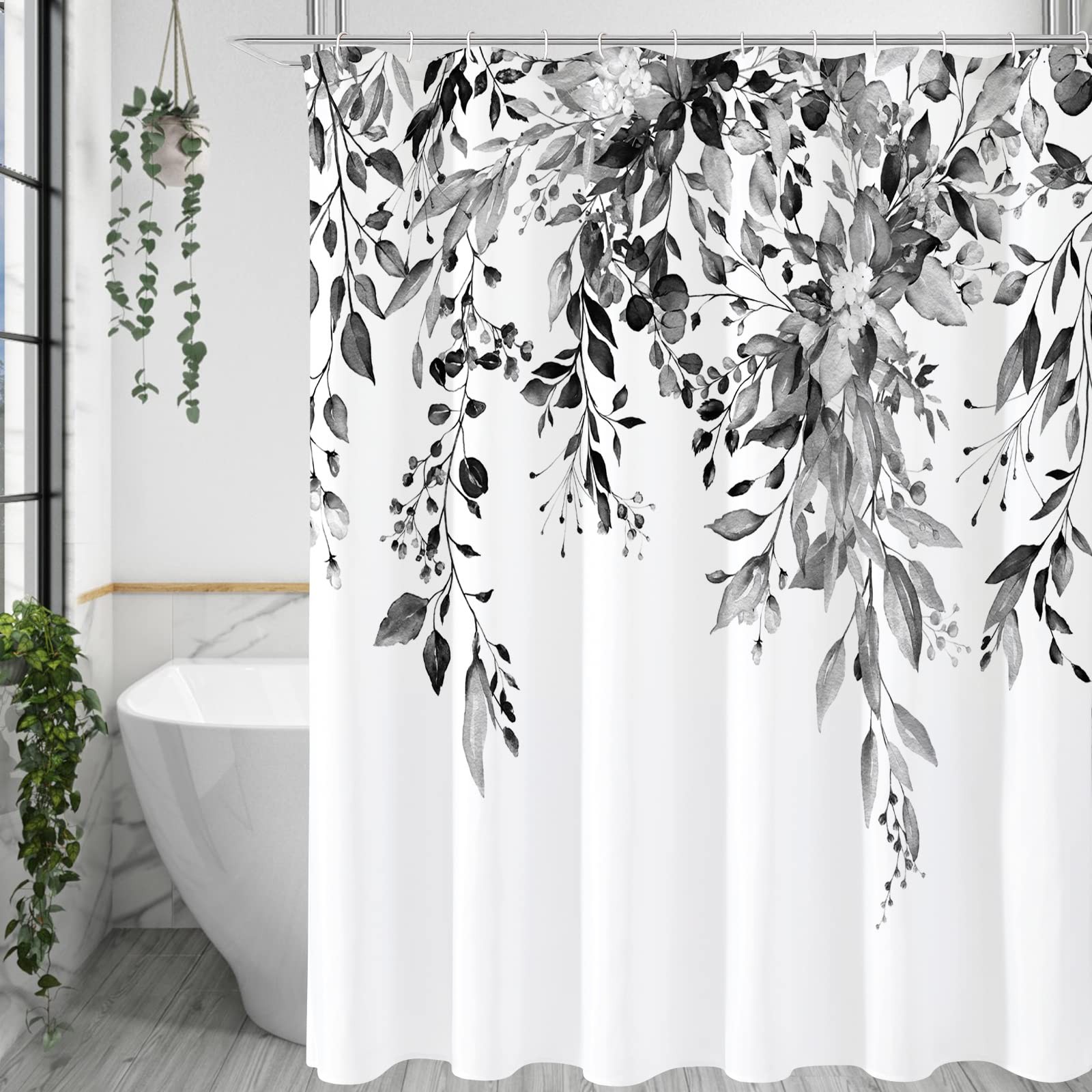 Eucalyptus Shower Curtain Set 72x72 Inch Black White Grey Watercolor Floral gallery