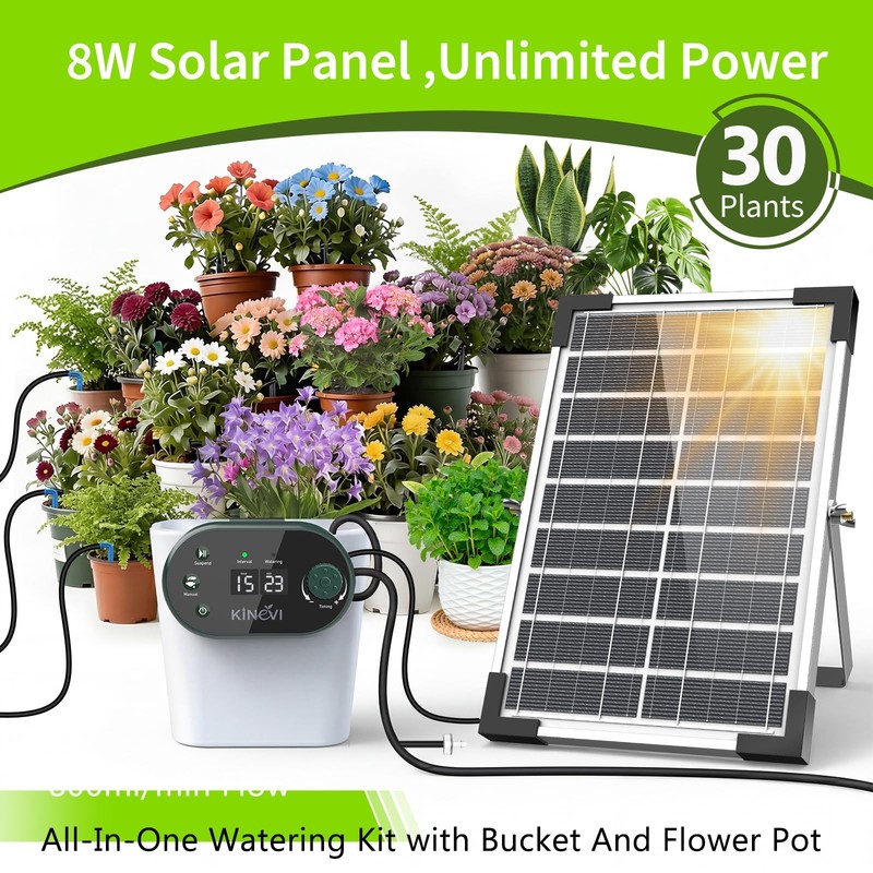 Solar Drip Irrigation System, 8W Powered Auto Watering Kit for 30 Pots, HD LE... gallery