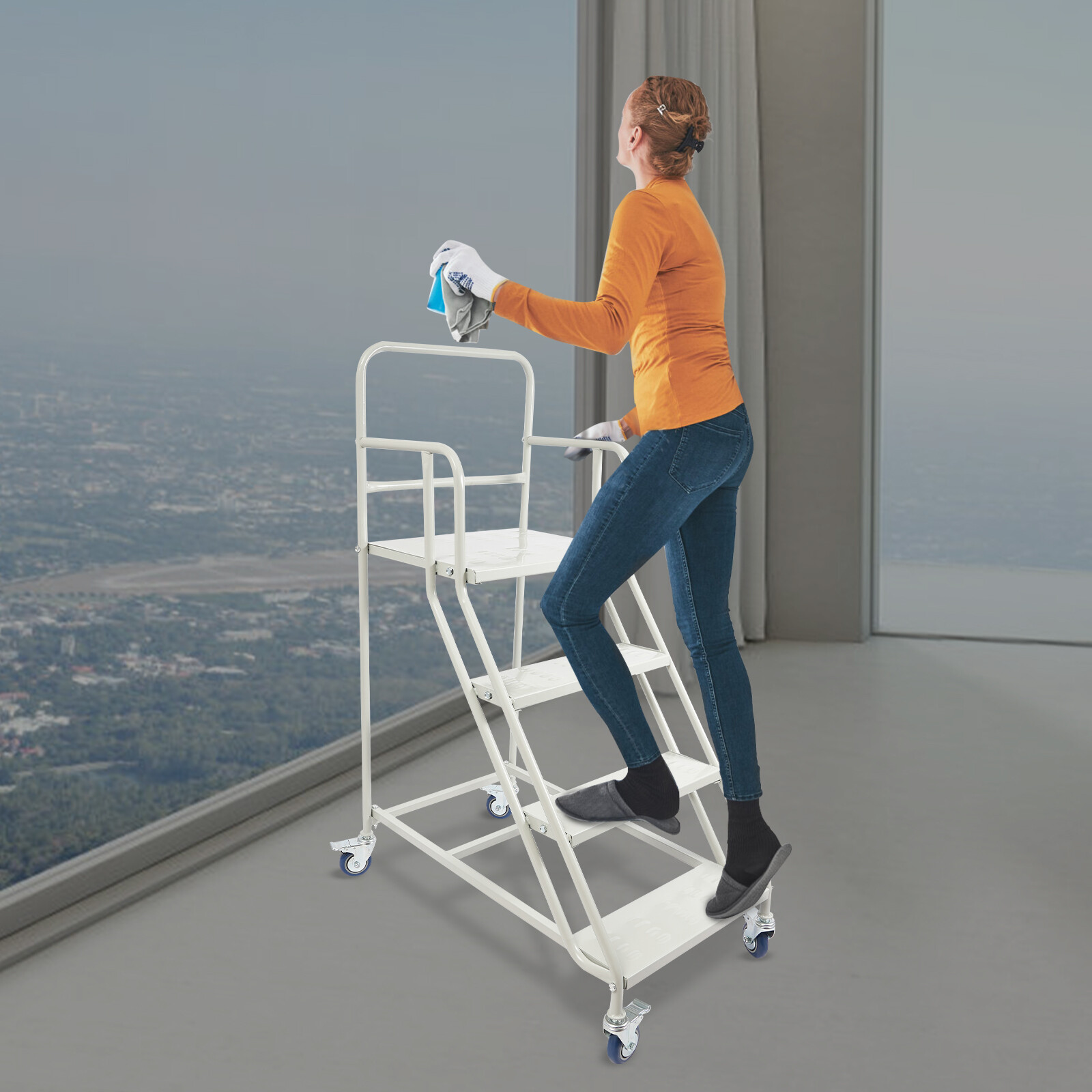 4 Step Ladder Rolling Stairs 400kg Capacity with Wheels Brakes Industrial US gallery