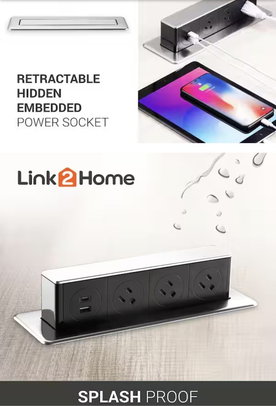Link2Home Horizontal Pop-Up Socket 3 Grounded Outlets 2 USB & 2 USB NEW gallery