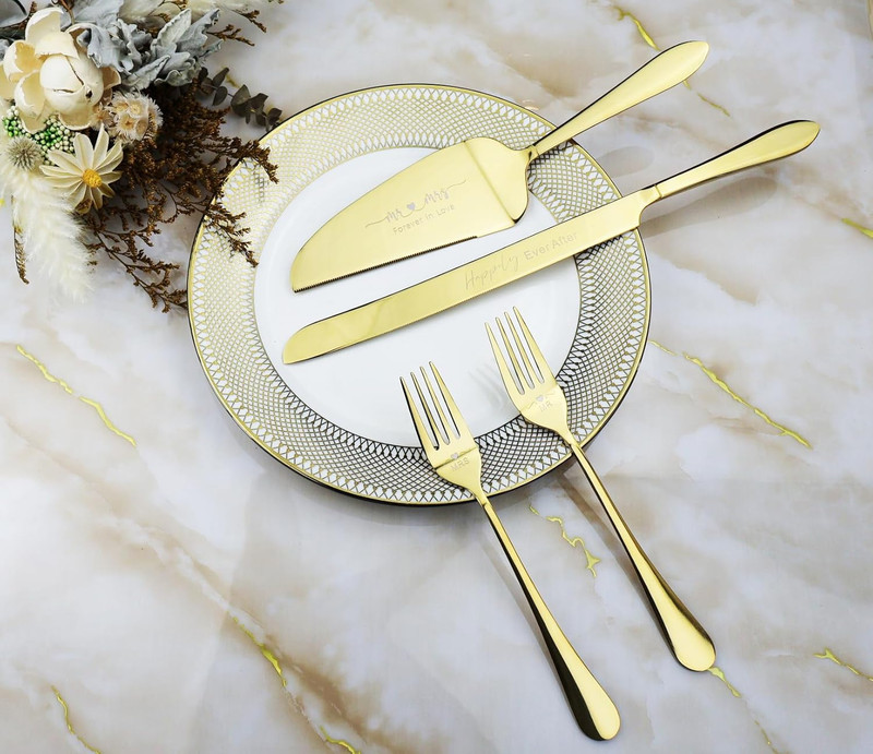 Wedding Cake Knife and Server Set, Engraved Mr and Mrs Gold Forks Cake Cutting S gallery
