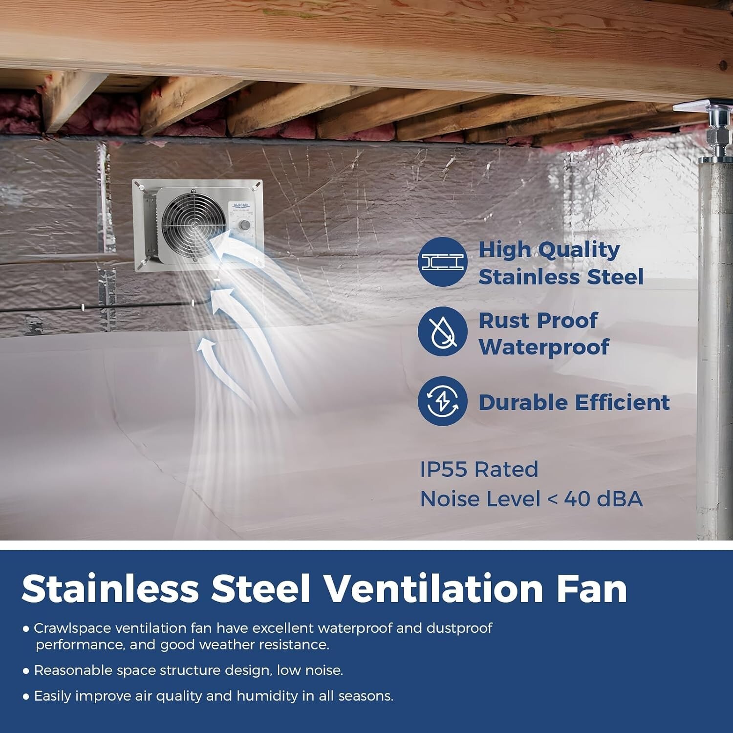 ALORAIR 300CFM Crawlspace Basement Ventilator Fan, IP55 Water Resistant, Intake gallery