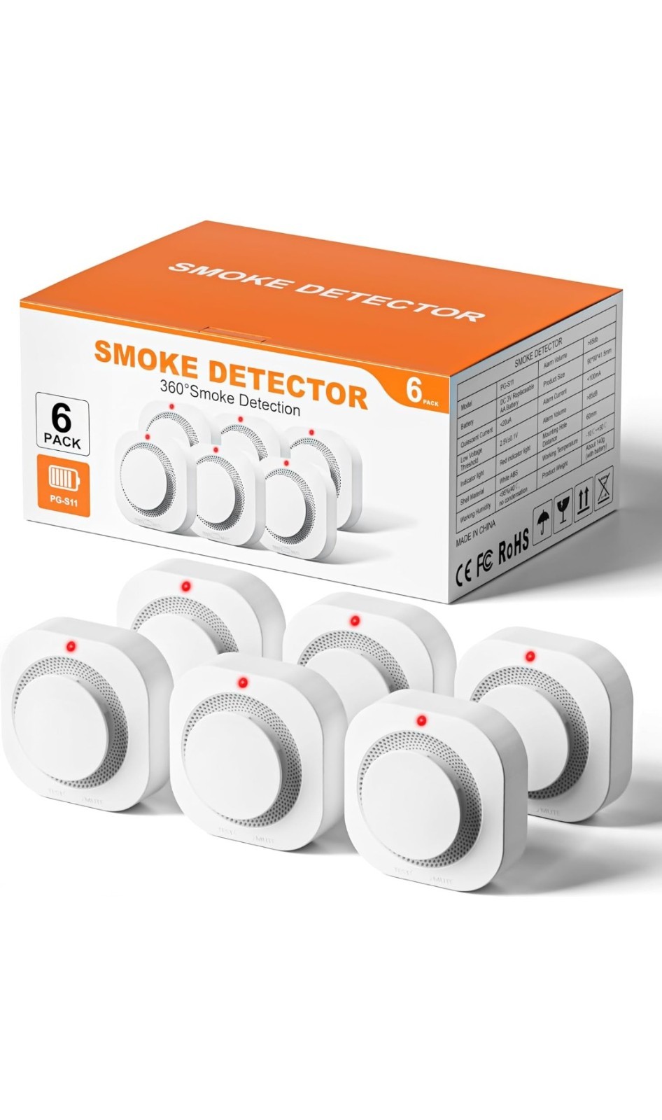 PG-S11 Smoke Detector 6-Pack 360° Detection Battery Powered White gallery