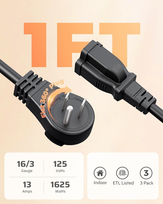 DEWENWILS 360 Rotating Flat Plug Extension Cord 1FT Short Power Cord 3PK gallery