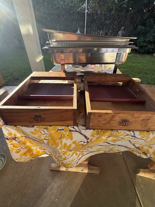 Full Size Rectangular Chafing Dish 6 Qt Wood Base Matte Silver/Brown Handles gallery