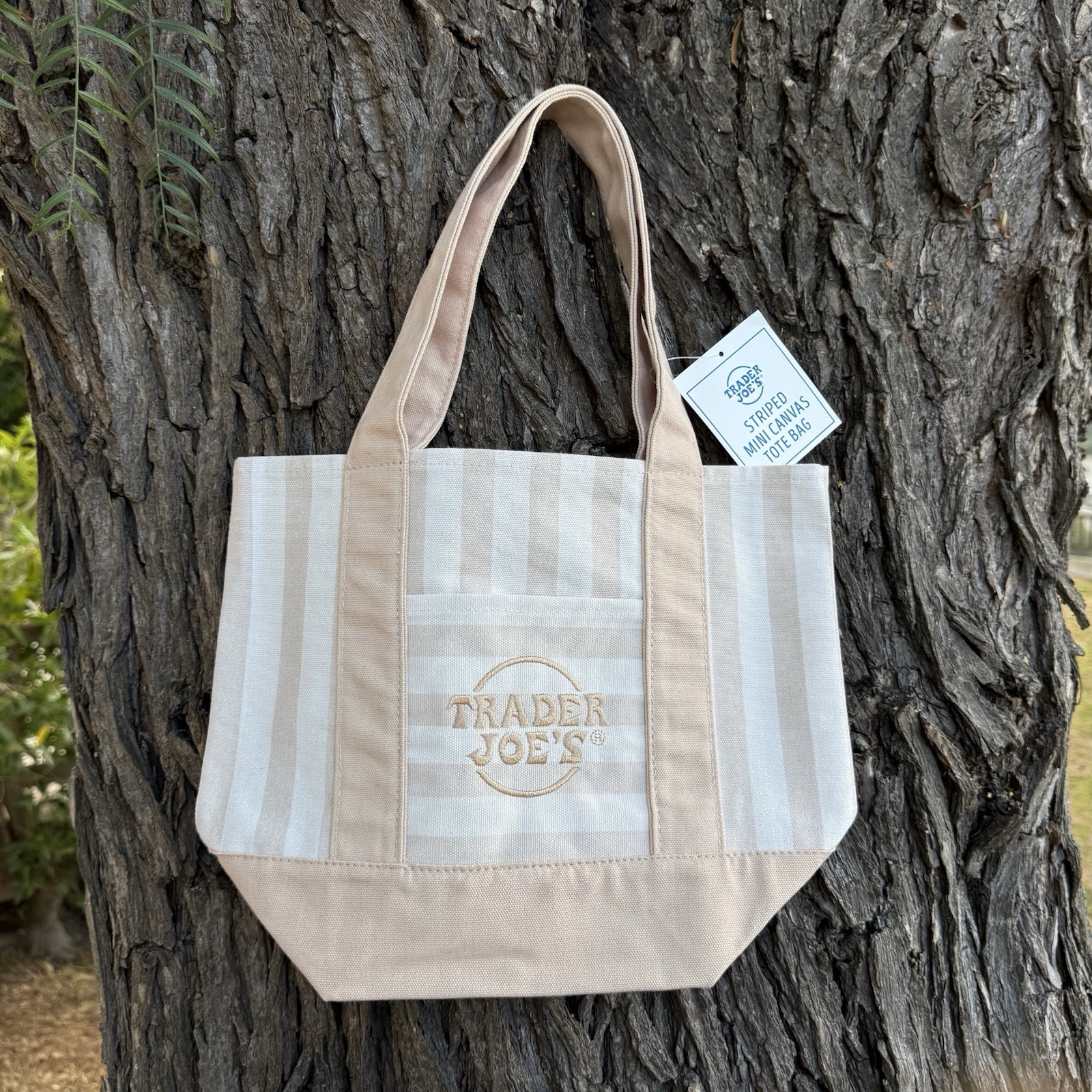 Trader Joe’s Striped Mini Canvas Tote Bag Tan Beige Brown Summer 2026 Limited gallery