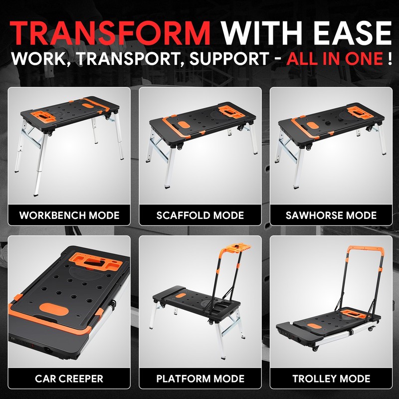 7-In-1 Multifunctioanl Adjustable Foldable 220LB Work Bench w/ 4 Wheels Orange gallery