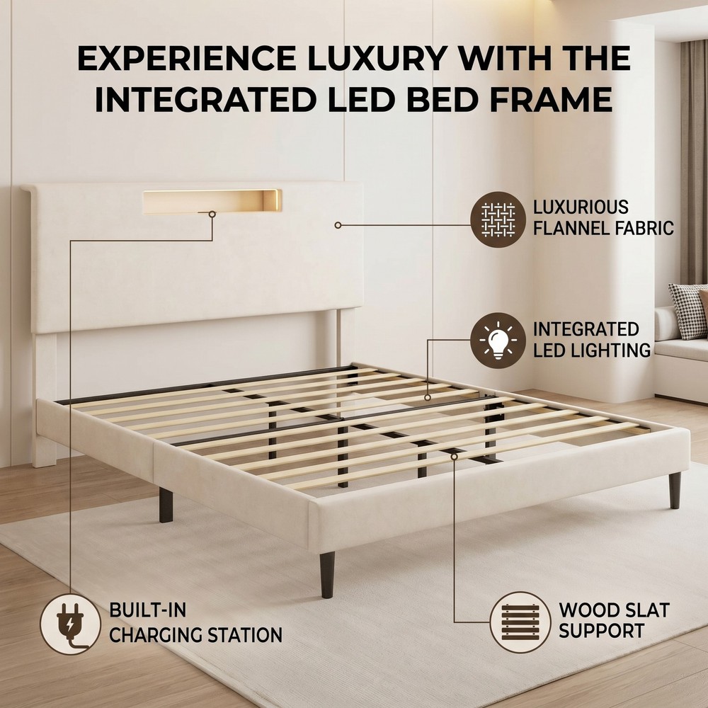Queen Size Bed Frame with LED Light Fast 40 Minutes Easy Assembly Bed