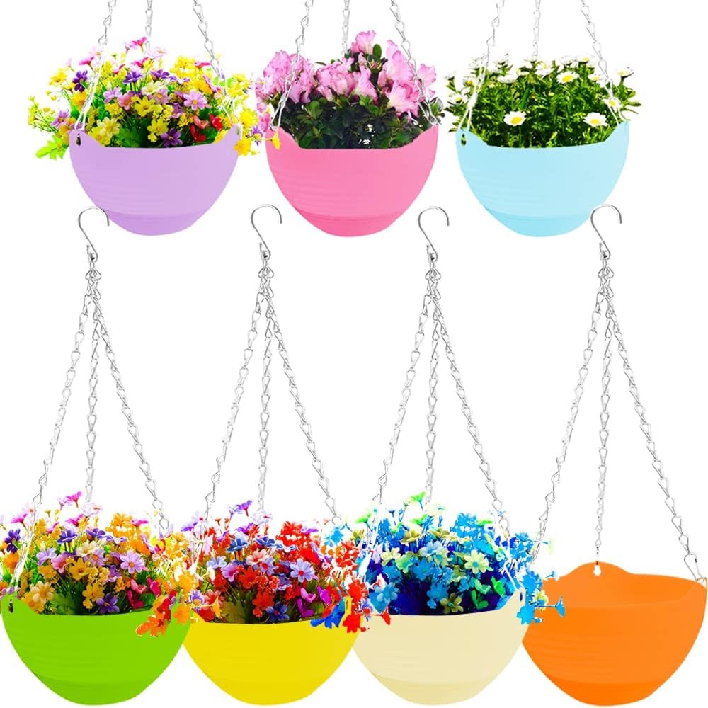 Colorful 8-Inch Self-Watering Hanging Planters - 7 Pack Plastic Pots gallery