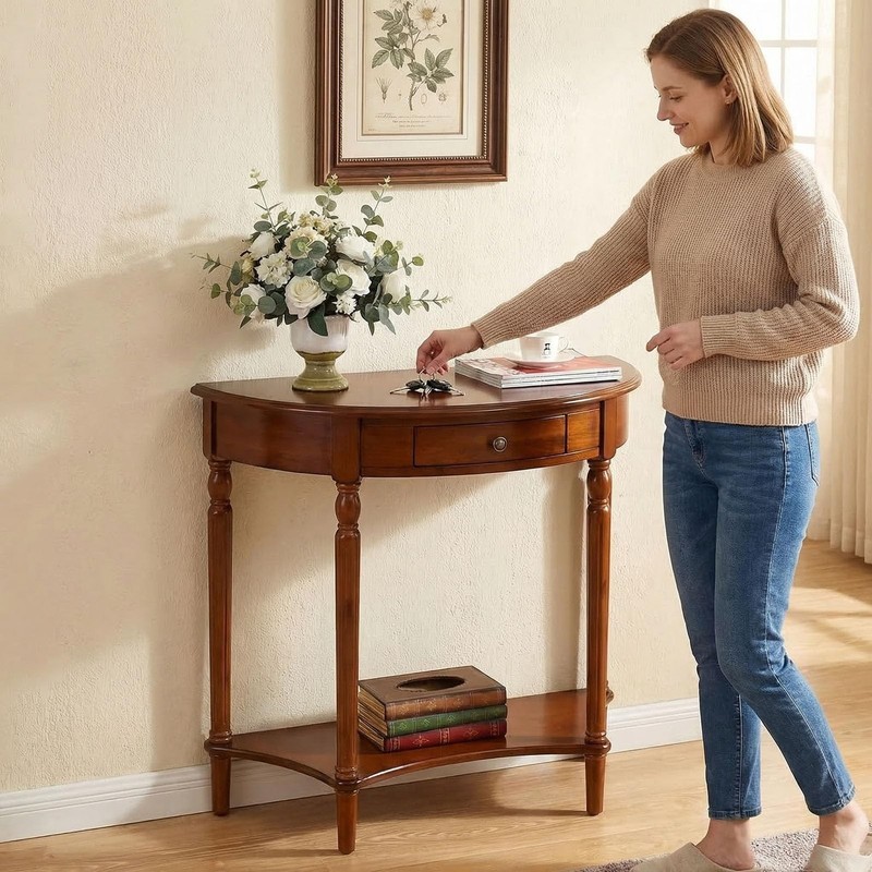 Half Moon Table, Table Solid Wood with Drawer Half-Moon Porch Side, Entryway ... gallery