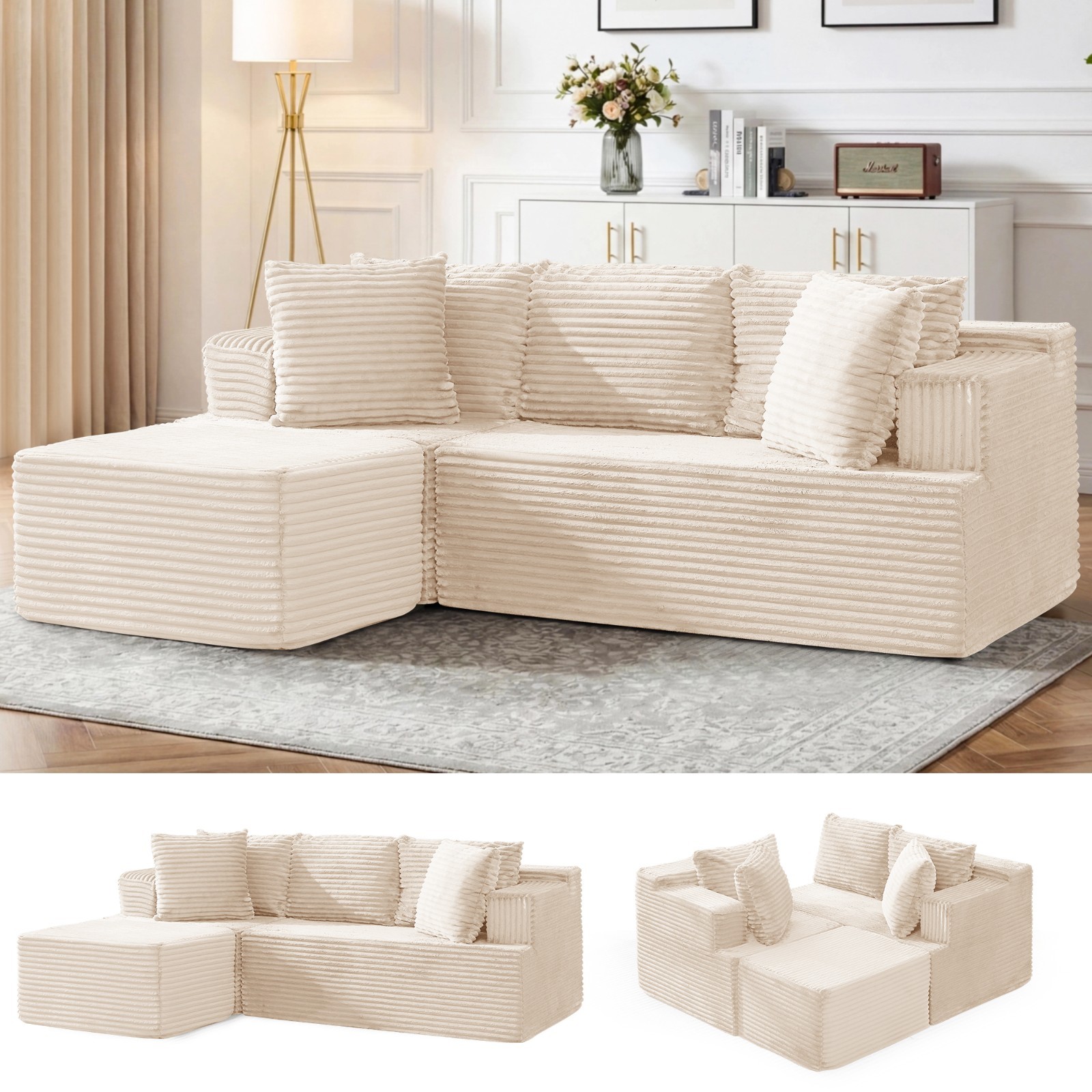 Korser 80" Cloud Modular Sectional Sofa with L-Shaped & Movable Ottoman Corduroy gallery