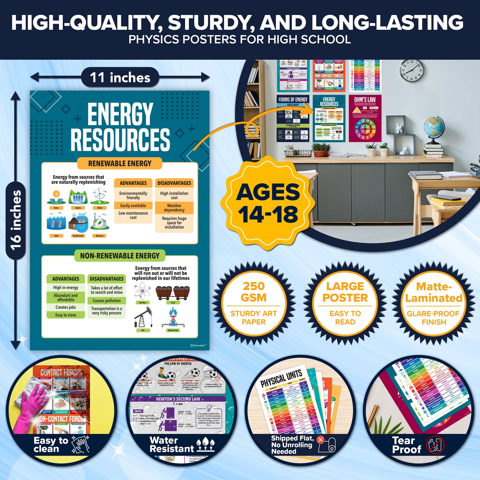 16 Physics Posters for Classroom, 11x16in Matte-Laminated Educational Physics... gallery