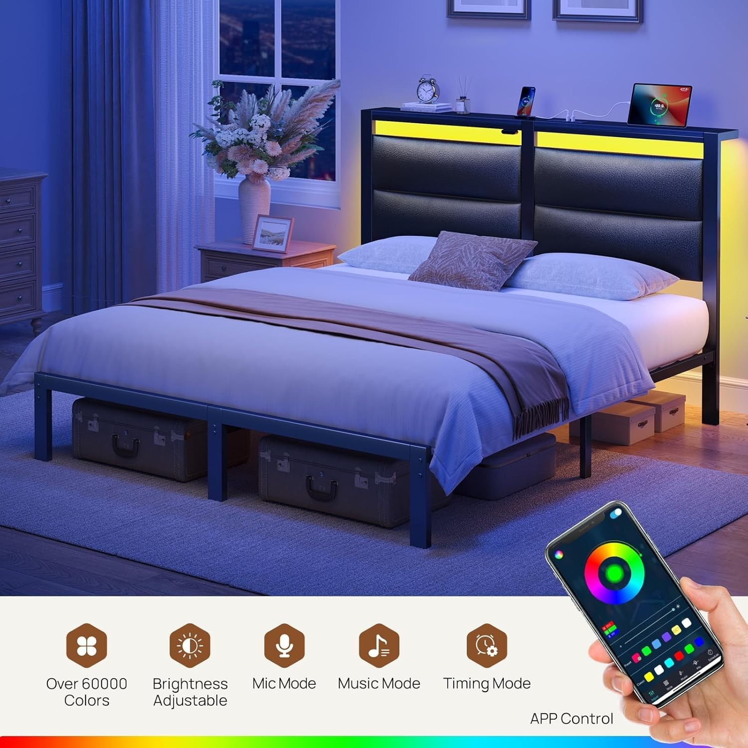 NEW Full Size Bed Frame with Charging Station LED Upholstered Headboard Metal gallery