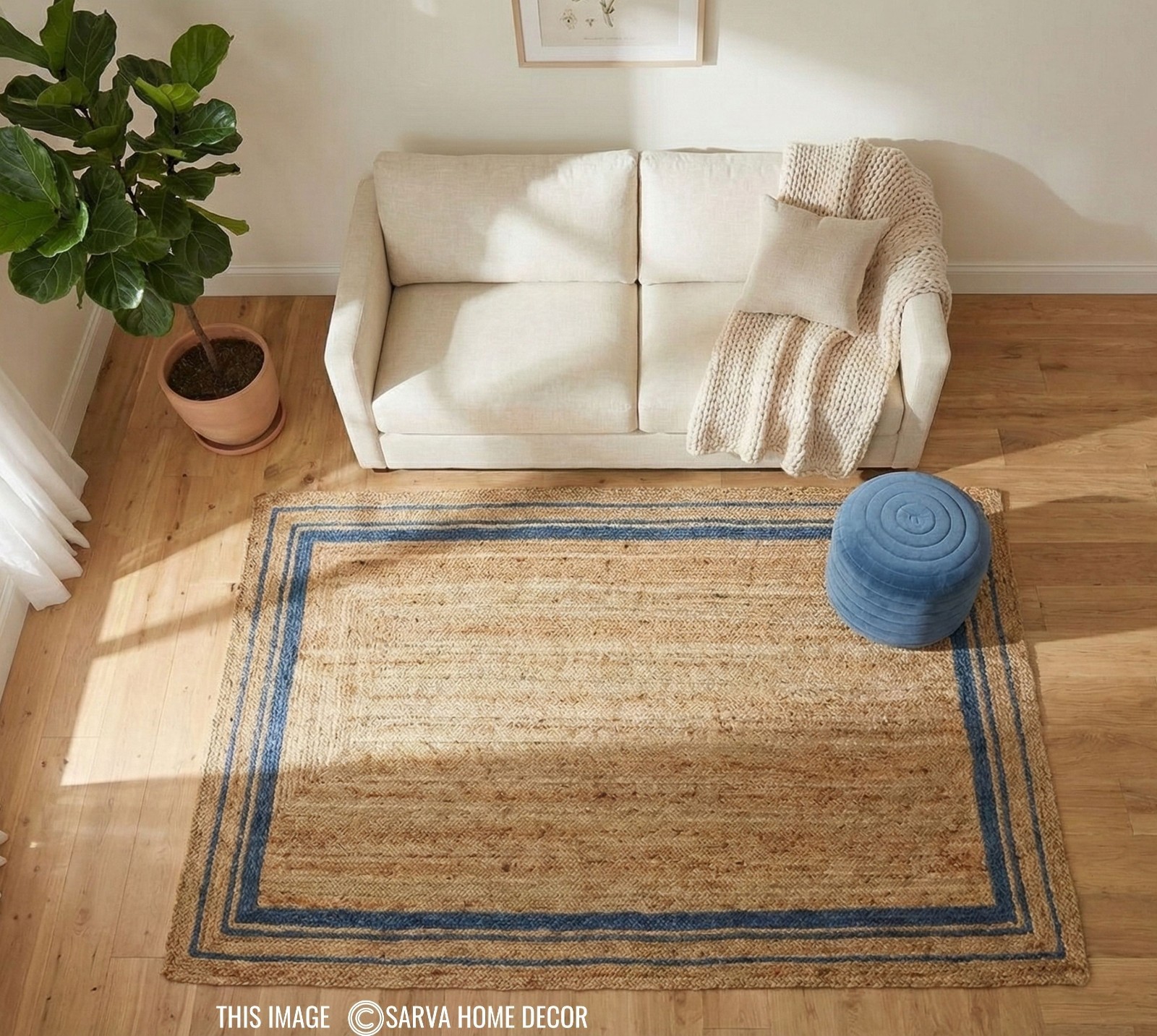 Jute Natural Rectangle Area rug runner, Handmade Hand Woven carpet Blue & Beige gallery