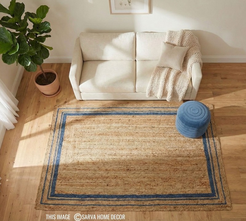 Jute Natural Rectangle Area rug runner, Handmade Hand Woven carpet Blue & Beige gallery