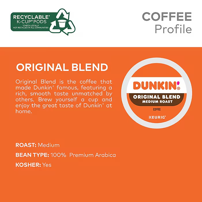 Dunkin Donuts Original Blend K-Cup Coffee Pods Medium Roast 88 Count for Keurig gallery