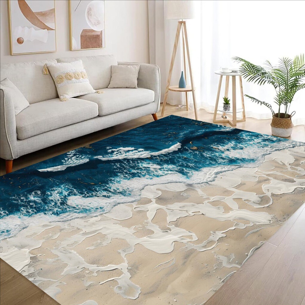 Ocean Beach Theme Deep Blue White Seawater Waves Print Rug Soft No Slip Carpet gallery