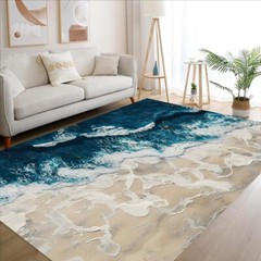 Ocean Beach Theme Deep Blue White Seawater Waves Print Rug Soft No Slip Carpet