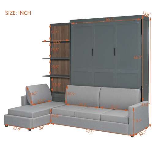 Full Queen Size Murphy Wall Bed with Sofa & Shelves Space Saving Wood Hidden Bed gallery