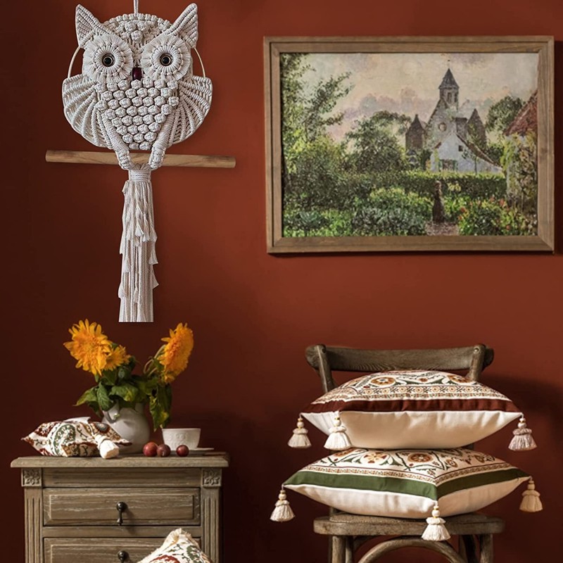 Owl Macrame Wall Hanging Handmade Woven Tapestry Boho Art Home Decor Tassel Gift gallery