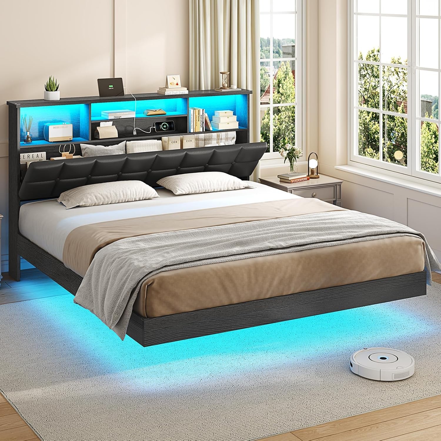 Floating Bed Frame F/Q Size with Headboard and Storage, Upholstered Platform Bed gallery