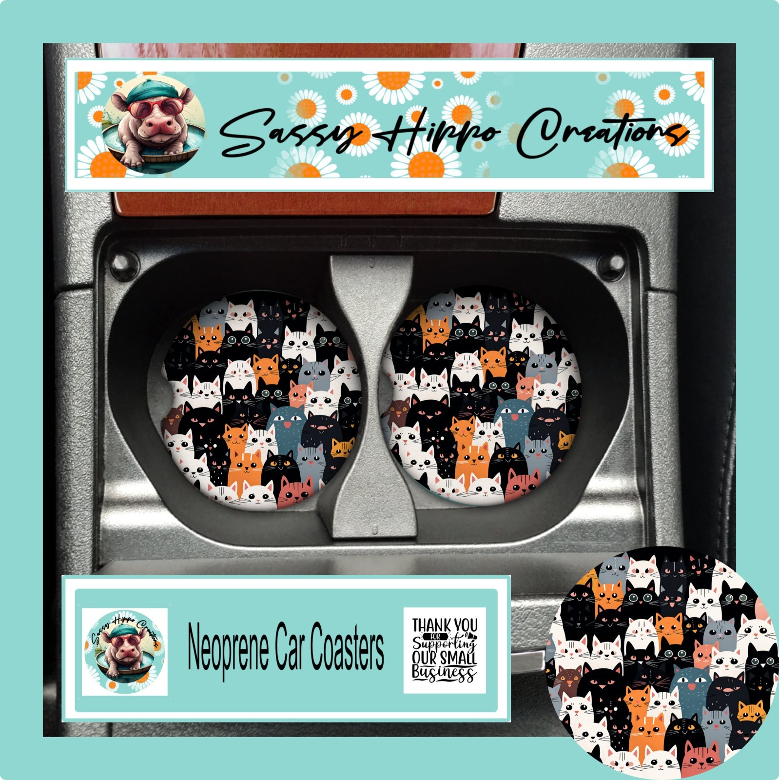 Car Coasters Cats Galore Crowd Kittens Cat Lady Life Set of 2 Neoprene Absorbent gallery