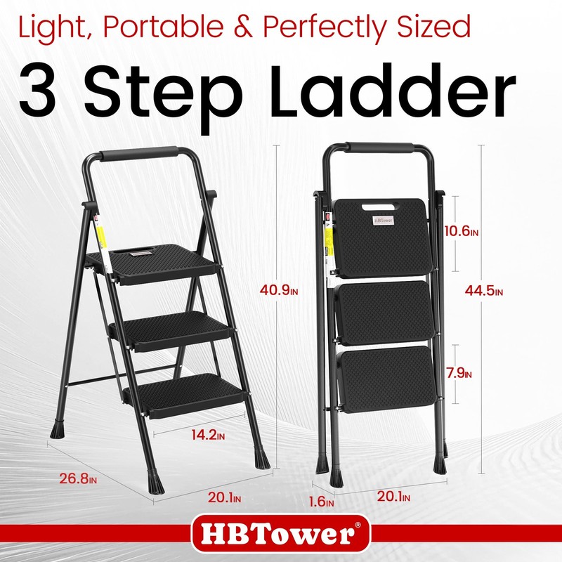 HBTower Step Ladder, Folding Stool with Wide 3 Black gallery
