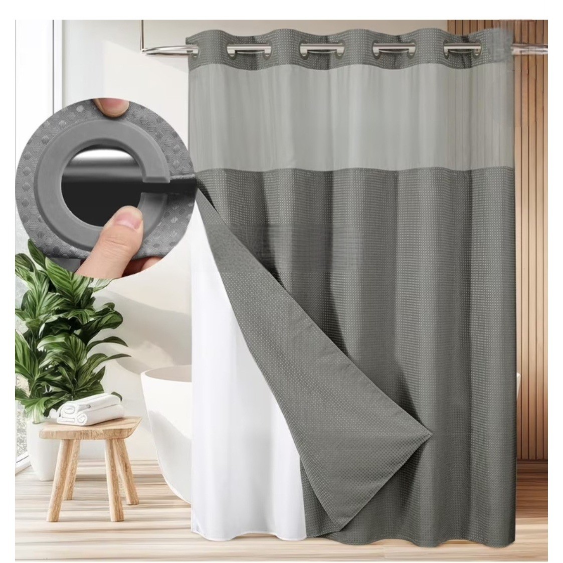 Barossa Design Gray Waffle Weave Hookless Shower Curtain, extra Snap-Liner 70x57 gallery