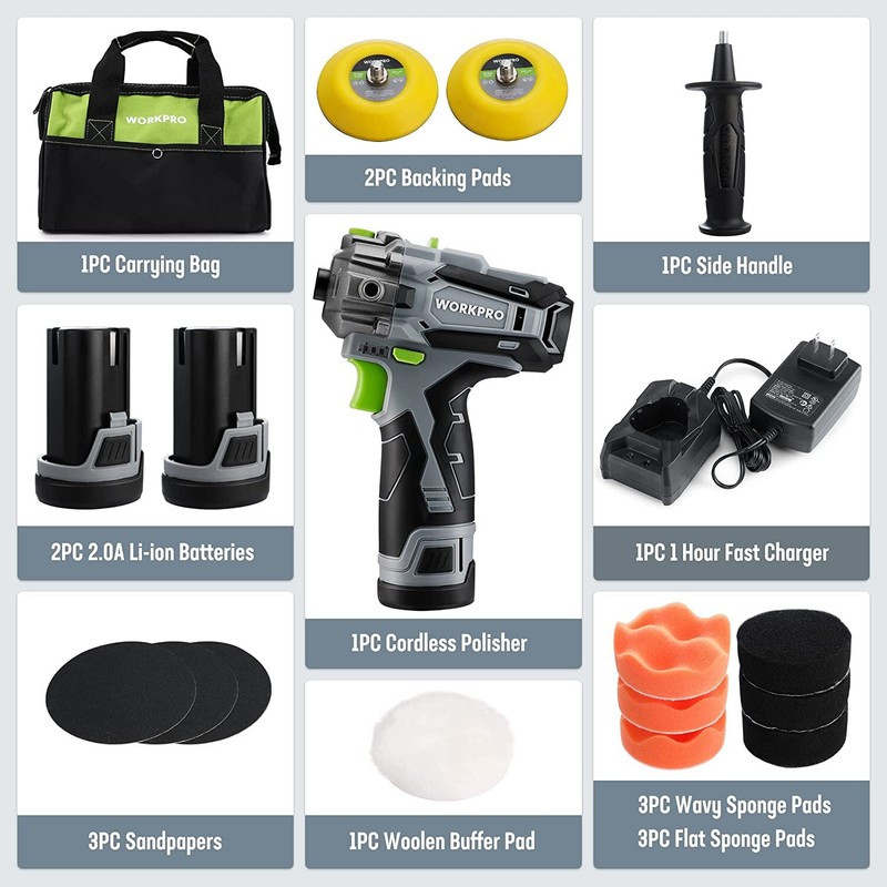 WORKPRO 12V Cordless Polisher 3" Mini Car Detailing Buffer & Sander Machine Kit gallery