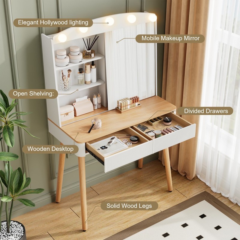 Dressing table W sliding mirror, two grooved drawers, and color changing light gallery